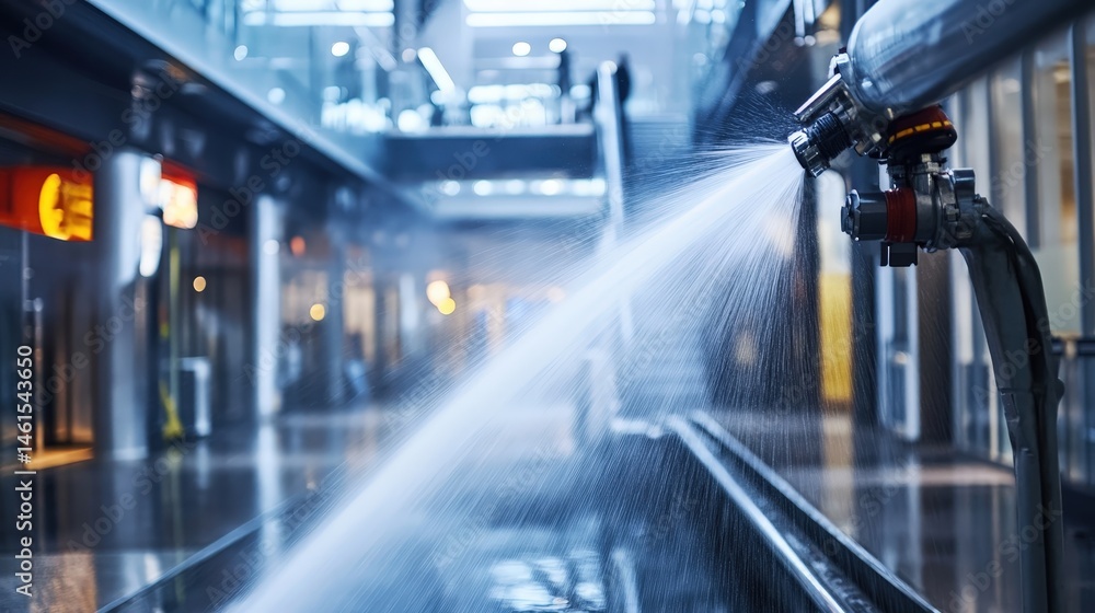 Poster fire sprinkler system installed in a large shopping mall, ensuring that every section of the buildin