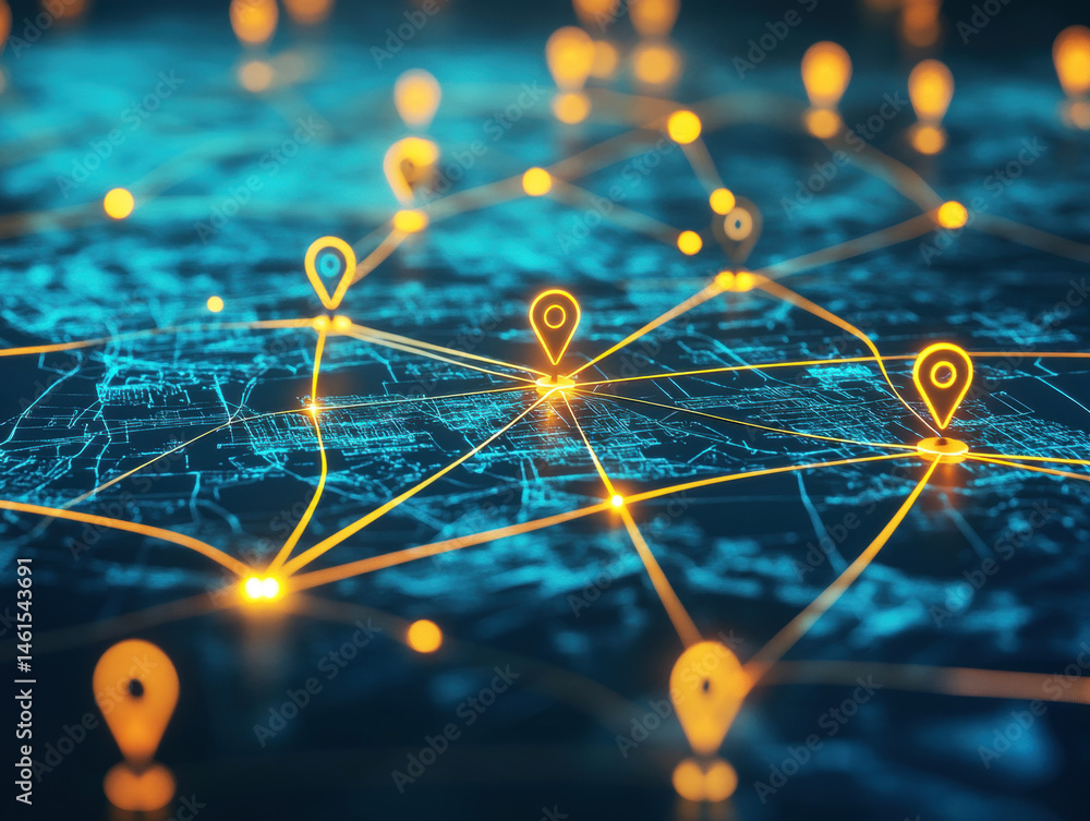 Poster digital network connectivity visualization with location markers and pathways in a modern urban envi