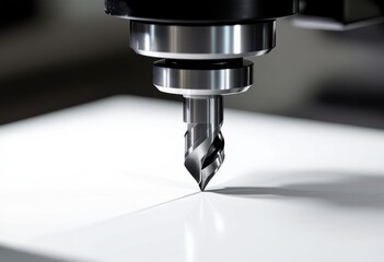 Precision milling machine cutting into a white surface for manufacturing