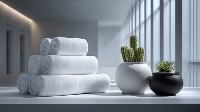 Clean and modern setup with rolled white towels on a white table, ideal for product display montage