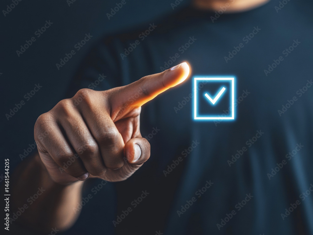 Poster hand interacting with digital checkmark symbol on dark background representing confirmation or appro