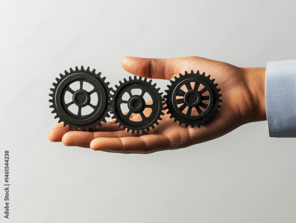 Poster holding three interconnected gears in a hand against a plain background during a creative brainstorm