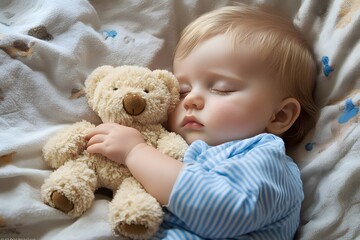 Adorable sleeping baby boy snuggled up comfortably with a soft teddy bear