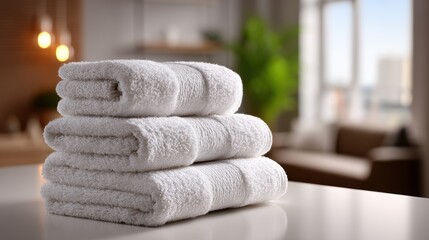 Close-up of white towels neatly arranged on a white table with ample copy space for text, blurred living space in the background