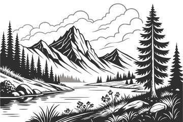Fototapeta premium 19 Mountain landscape, serene lake, pine trees, detailed pencil sketch, black and white illustration, clouds, nature scene, tranquil water, reflections, forest, wilderness, scenic view, artistic drawi