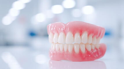 Obraz premium Realistic full set of dentures on glossy surface in dental clinic