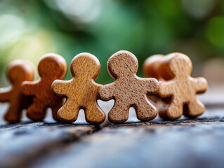 Wooden figures lined up on a wooden surface with a blurred green background in a cozy setting