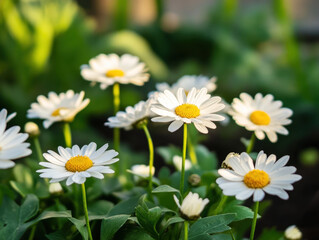 Vibrant white daisies blooming in a lush garden during early morning light