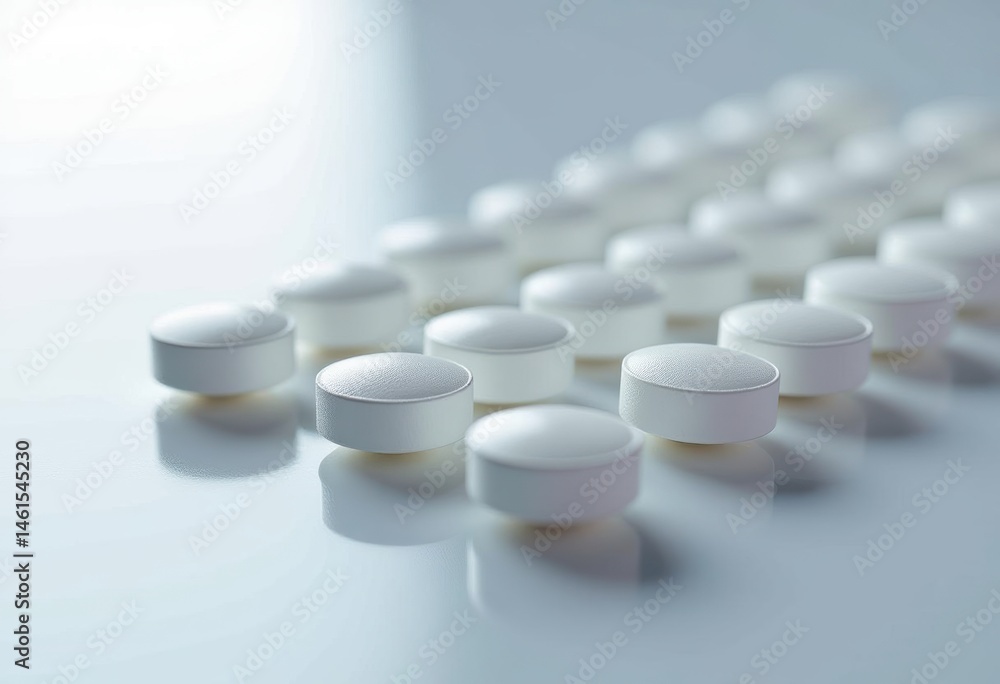 Poster white round pills arranged in a neat row on a reflective surface
