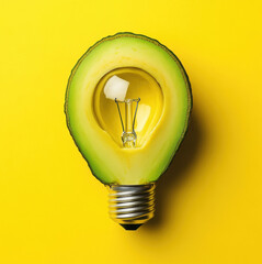 Creative fusion of avocado and light bulb on bright yellow background