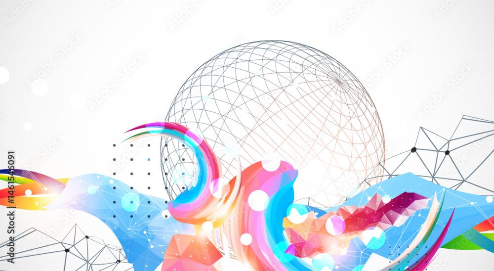 Poster Abstract artwork with colorful waves, polygonal shapes and wireframe sphere.