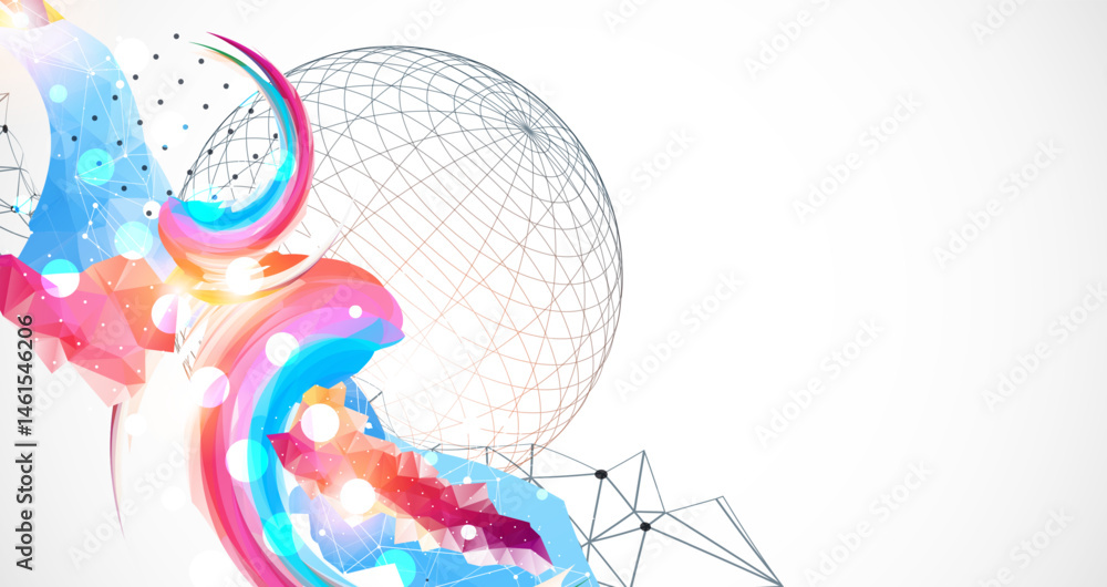 Poster abstract artwork with colorful waves, polygonal shapes and wireframe sphere.