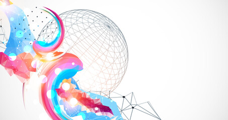 Abstract artwork with colorful waves, polygonal shapes and wireframe sphere.