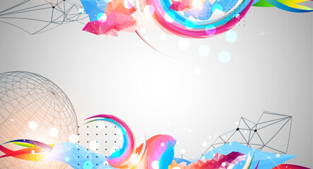 Obraz premium Abstract artwork with colorful waves, polygonal shapes and wireframe shphere.