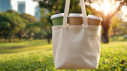 Eco-friendly tote bag with coffee cups in sunny park