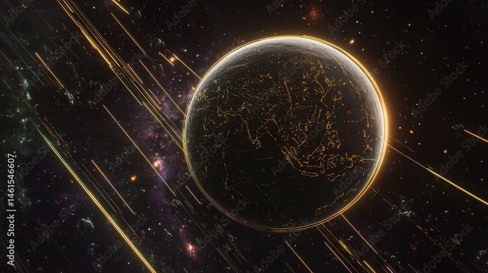 Poster 3d version of earth with glowing lines showing latitude and longitude, overlaid on a dark cosmic bac