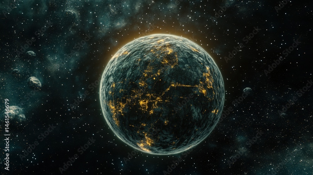 Poster 3d version of earth with glowing lines showing latitude and longitude, overlaid on a dark cosmic bac