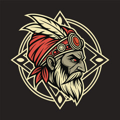Vintage Tribal Chief Illustration with Feathers and Ornamental Details.