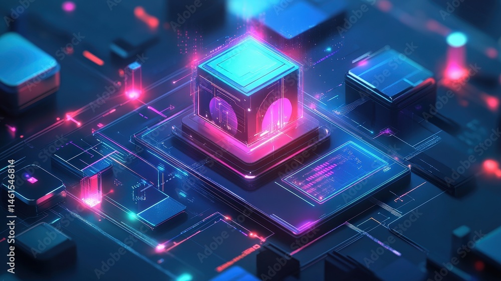 Poster ai-powered cybersecurity system analyzing threats in real-time with a glowing digital interface