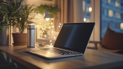 Laptop Computer and Insulated Thermos on a Table in the Evening
