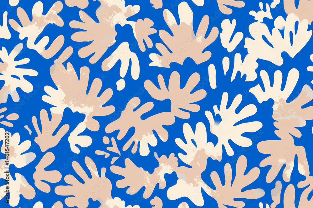 Poster abstract blue background with beige and white organic shapes resembling leaves or flowers, creating 