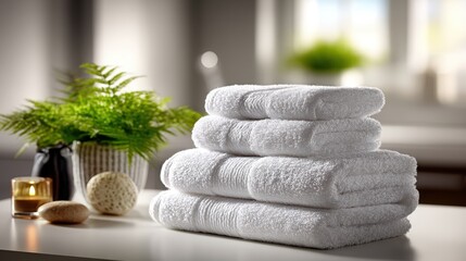 Sophisticated scene with white towels on white table, creating a clean and fresh feeling for marketing