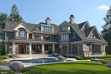 Luxurious estate home with pool and landscaping.  Spacious, elegant design with stone, dark gray roof, and multiple levels.  Outdoor living area