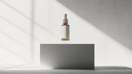 Amber glass bottle on white cube, sunlight, minimalist studio