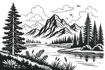 19 Mountain landscape, serene lake, pine trees, detailed pencil sketch, black and white illustration, clouds, nature scene, tranquil water, reflections, forest, wilderness, scenic view, artistic drawi