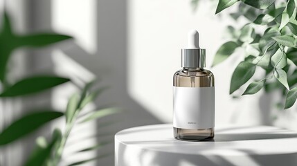 Amber serum bottle, minimalist display, plants, sunlight