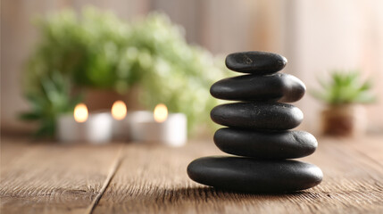 Balancing black stones with candles and plants in zen setting
