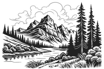 19 Mountain landscape, serene lake, pine trees, detailed pencil sketch, black and white illustration, clouds, nature scene, tranquil water, reflections, forest, wilderness, scenic view, artistic drawi