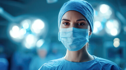 Female caucasian surgeon in operating room wearing surgical mask and scrubs