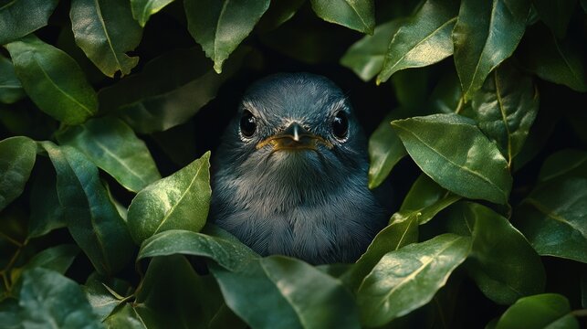 Small bird nestled in dense foliage