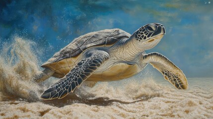 Obraz premium A gentle sea turtle moves across a sandy seabed, its flippers stirring up tiny clouds of sand as it searches for food.