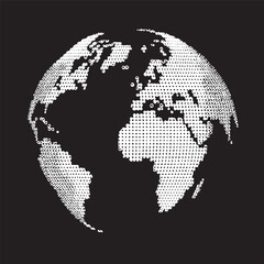 A white sphere depicts a world map constructed from numerous small dots.