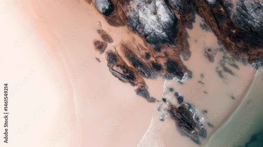 Aufkleber aerial top-down view of abstract shoreline with cliffs, rocks, sand, and sea forming smooth gradient
