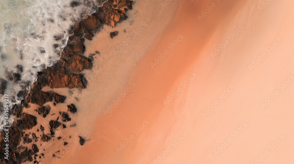 Aufkleber aerial top-down view of abstract shoreline with cliffs, rocks, sand, and sea forming smooth gradient