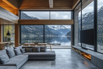 Modern chalet living room with lake and mountain views