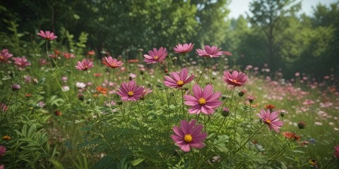 Cosmos flower heads in full bloom, surrounded by green foliage ,  colorful,  foliage