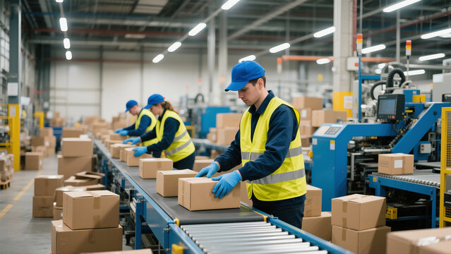 diverse workers in safety vests loading parcels onto conveyor in modern sorting center facility people working together as team in logistics and postal service operations