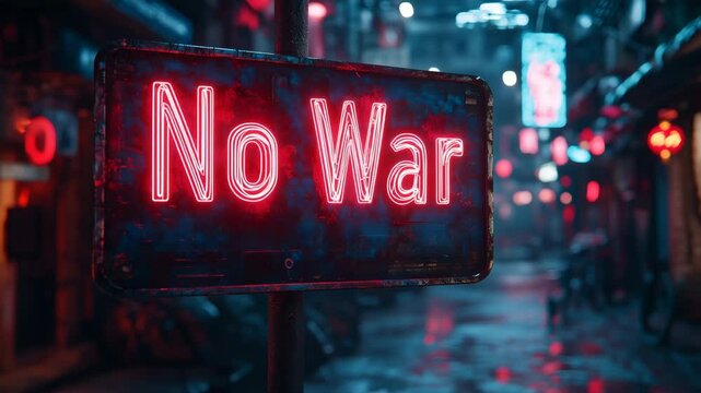 Neon sign No War in a cyberpunk city, for peace activism campaigns