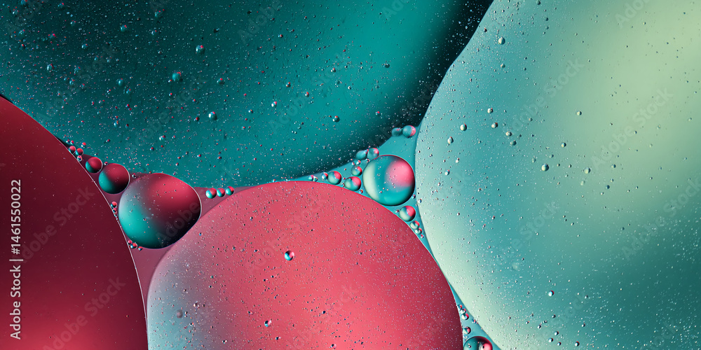 Poster abstract image of red, teal, and green liquid creating organic shapes and bubbles, showcasing a vibr
