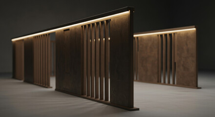 Obraz premium Modern wooden room divider with subtle lighting. Architectural design element for interior spaces. Interior designer's concept for modern space. contemporary office setting -
