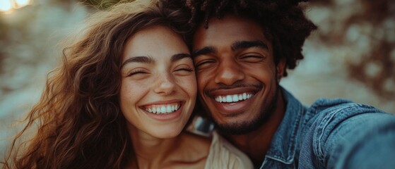 Fototapeta premium A joyful young couple, woman with curly hair in beige top, man with afro in denim, radiate happiness outdoors, smiling brightly.