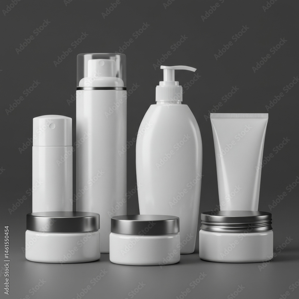 Poster blank white cosmetic containers displayed on a gray background. empty containers of various shapes a