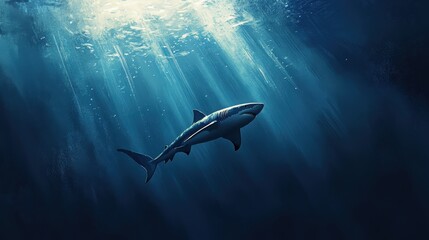Fototapeta premium great white shark patrols the deep blue waters, its powerful form moving silently