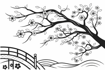 20 Black and white illustration, cherry blossom branches, delicate floral design, intricate line work, flowing curves, organic shapes, botanical art, negative space, contrast, minimalist composition, 