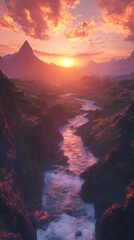 Fototapeta premium River valley landscape at sunset mountain scenery digital painting
