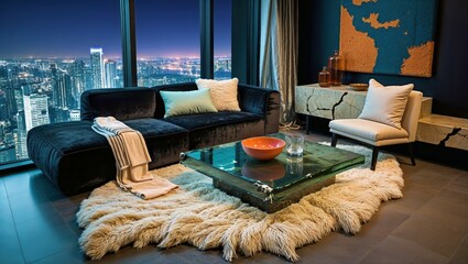 Generative AI, Moody Velvet Penthouse Living Room with City View